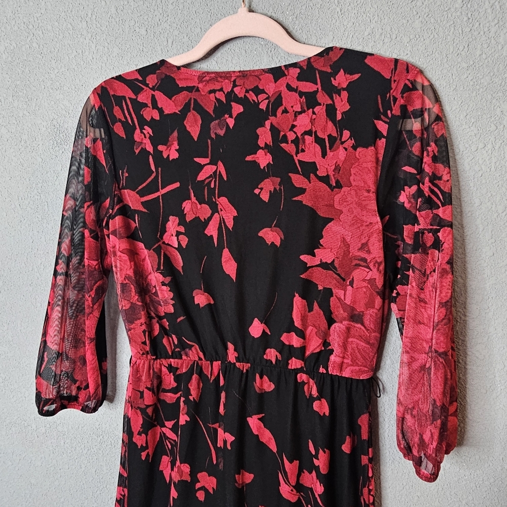 Kate and‎ Lily Dress Womens 4 Mesh Floral V Neck Sheer Sleeve Ruffle Midi Dark - Picture 13 of 15